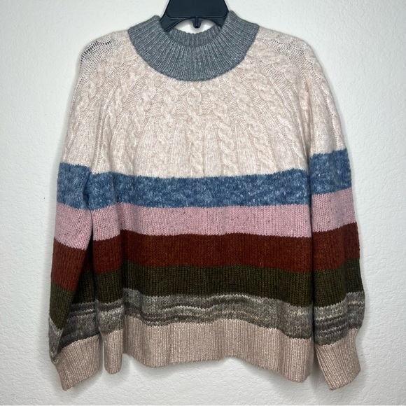 New Madewell Deacon Cableknit Mockneck Sweater in Stripe Wool Blend Size Large - Picture 9 of 9